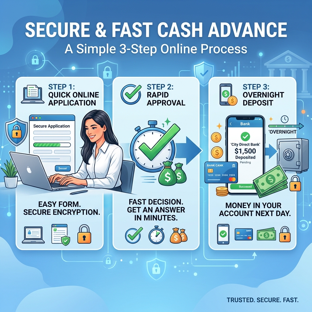 Step by step illustration of the simple online faxless cash advance application process